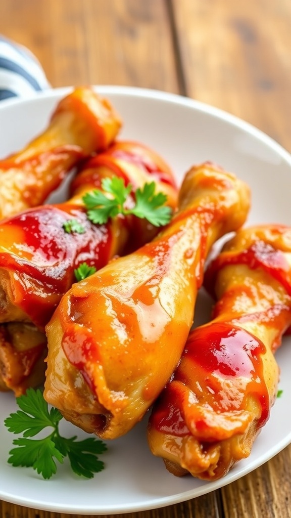 Baked chicken drumsticks with a honey-soy glaze, garnished with parsley on a rustic wooden table.